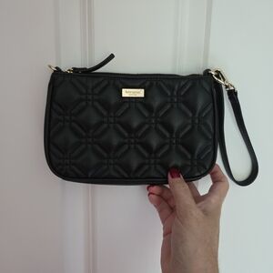 Kate Spade Black Quilted Leather Wristlet Pink Interior 8"x 5" EUC